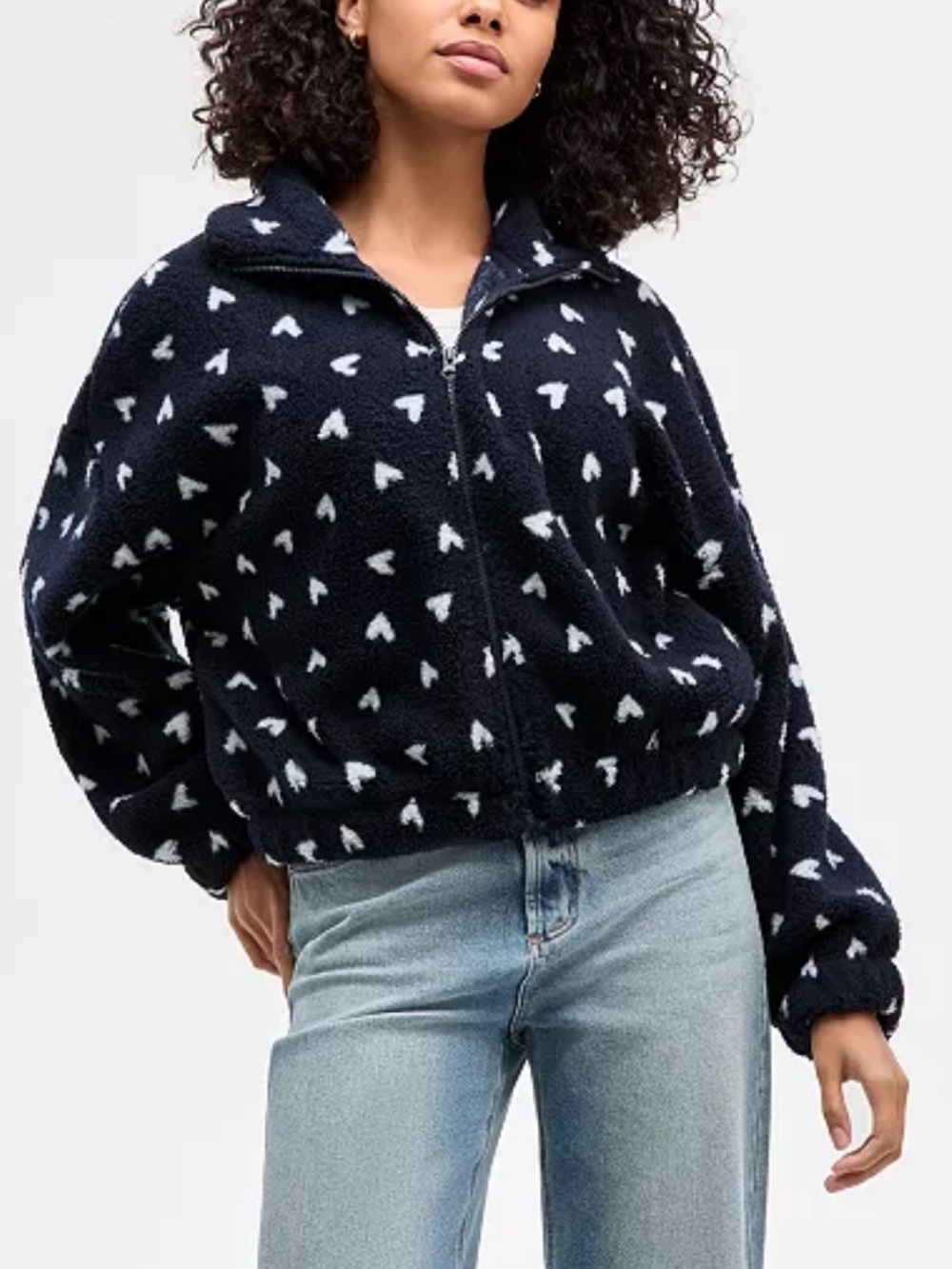 Hippie Rose Navy and White Cropped Sherpa Jacket with Heart Print Size Large